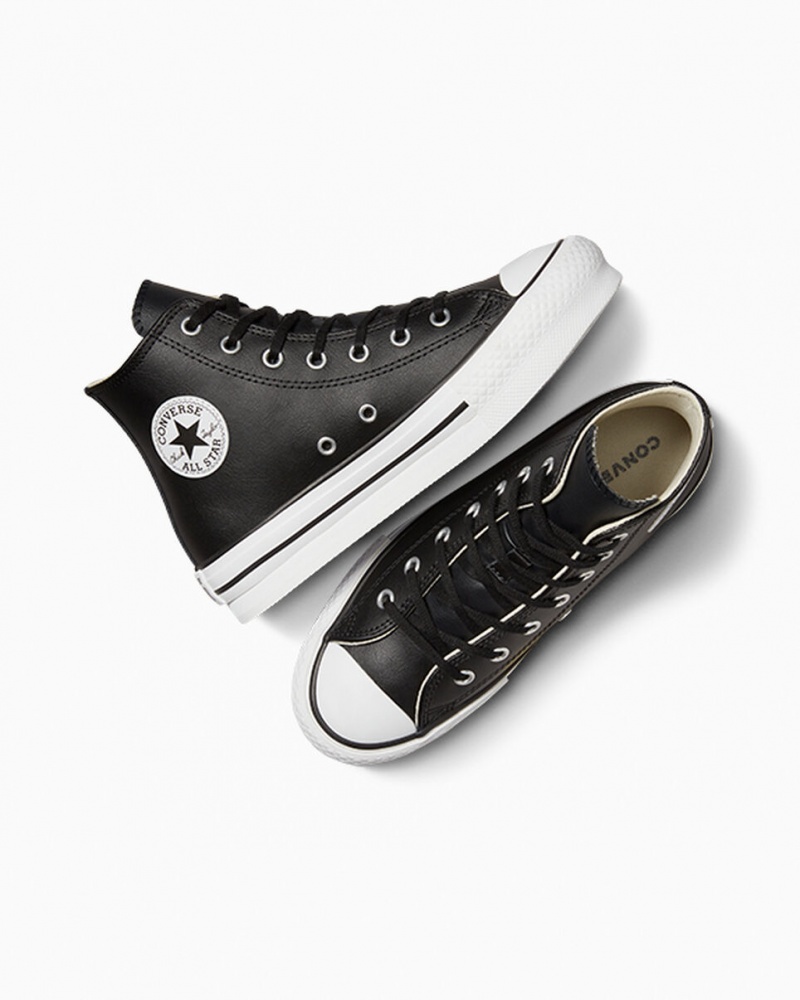 Converse Chuck Taylor All Star Lift Plataforma Cuero Negras Blancas | 019-EIKZVB