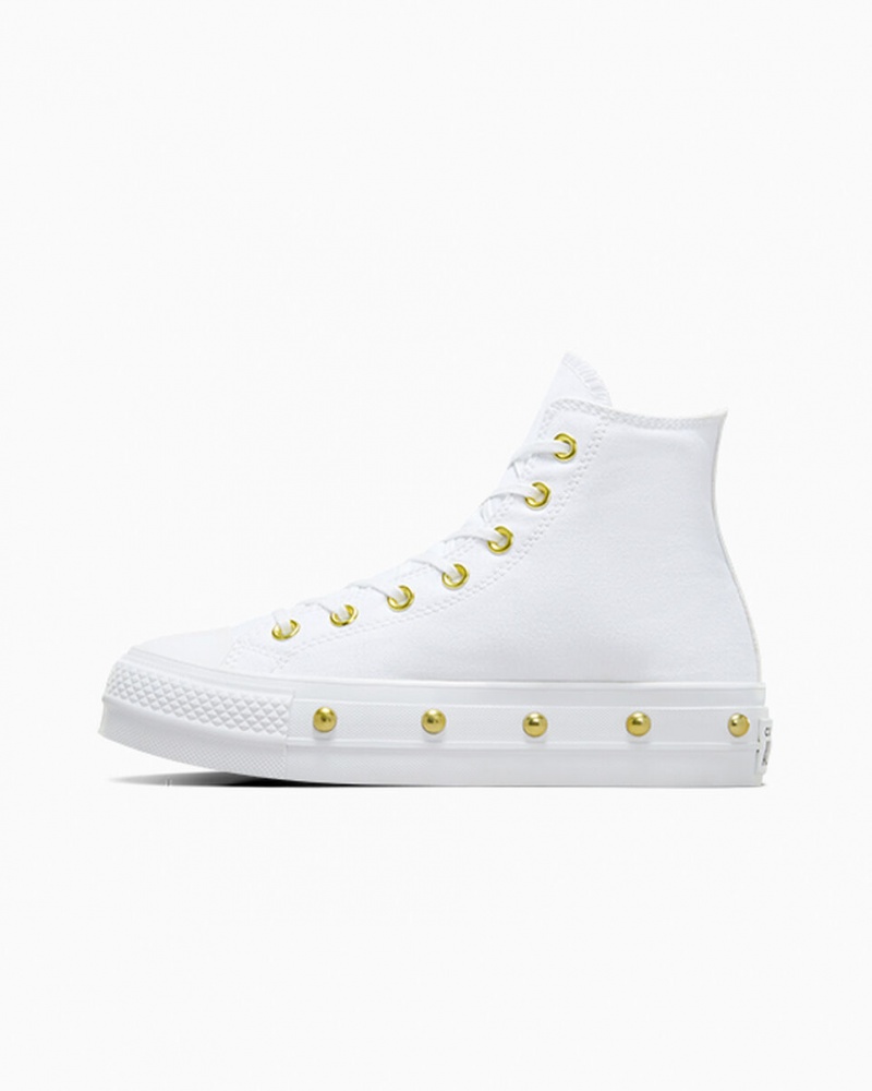 Converse Chuck Taylor All Star Lift Plataforma Star Studded Blancas Blancas Doradas | 954-ERWKMB