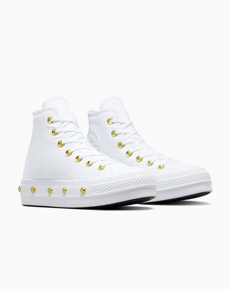 Converse Chuck Taylor All Star Lift Plataforma Star Studded Blancas Blancas Doradas | 954-ERWKMB