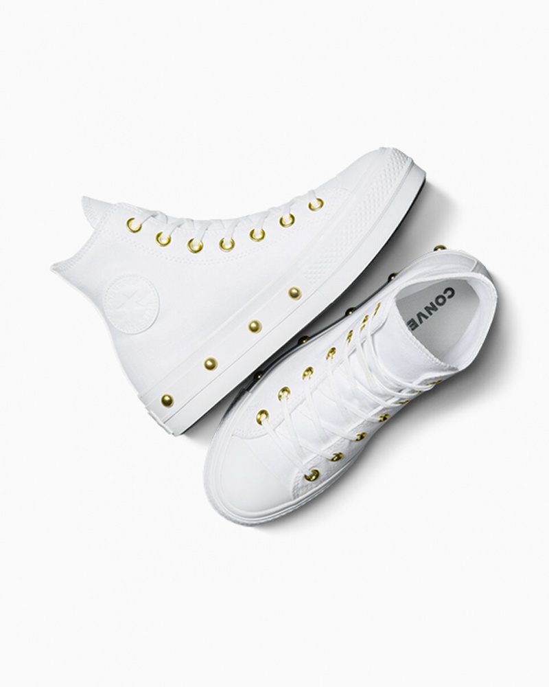 Converse Chuck Taylor All Star Lift Plataforma Star Studded Blancas Blancas Doradas | 954-ERWKMB