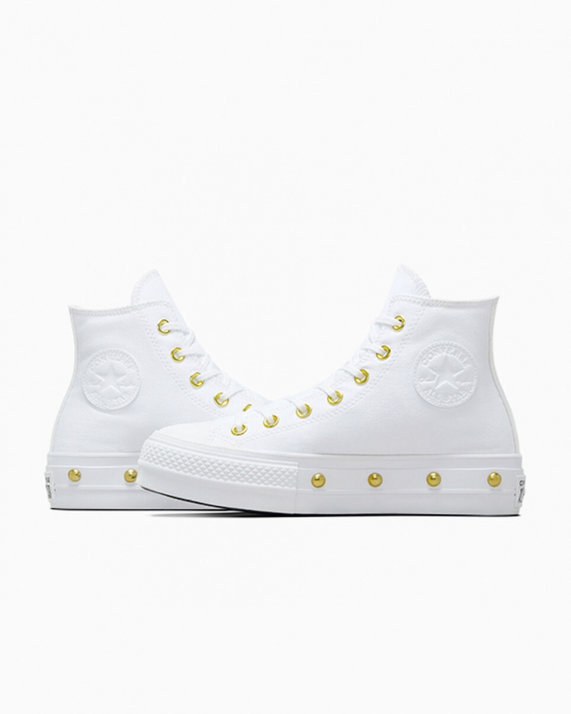 Converse Chuck Taylor All Star Lift Plataforma Star Studded Blancas Blancas Doradas | 954-ERWKMB