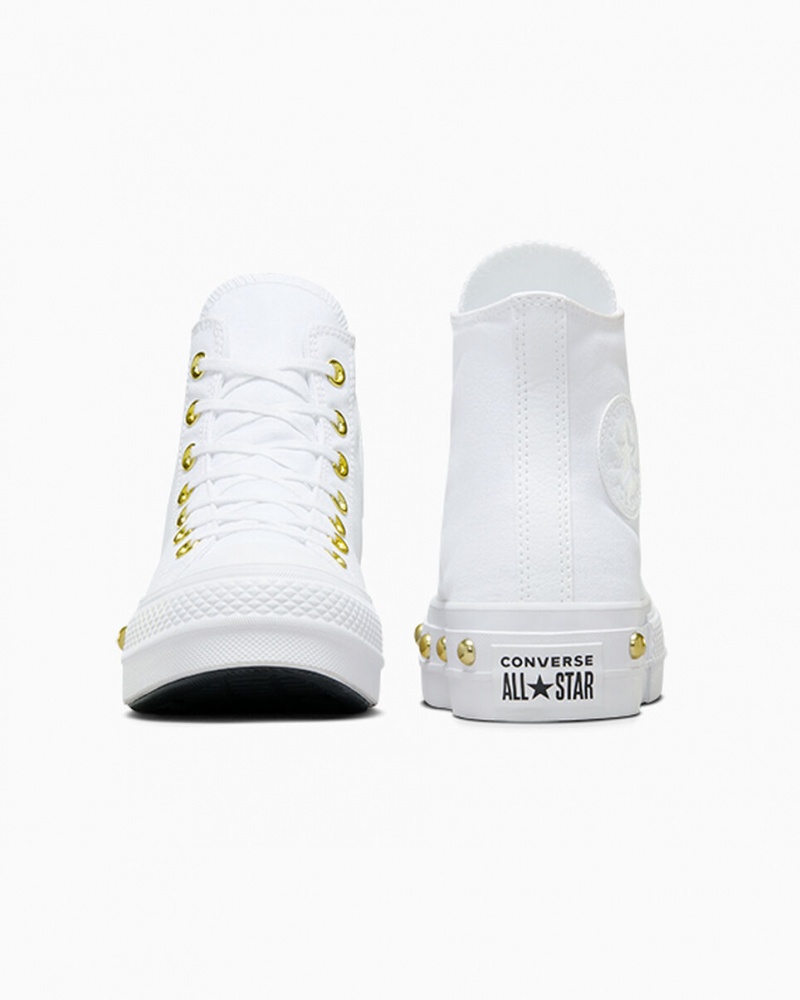 Converse Chuck Taylor All Star Lift Plataforma Star Studded Blancas Blancas Doradas | 954-ERWKMB