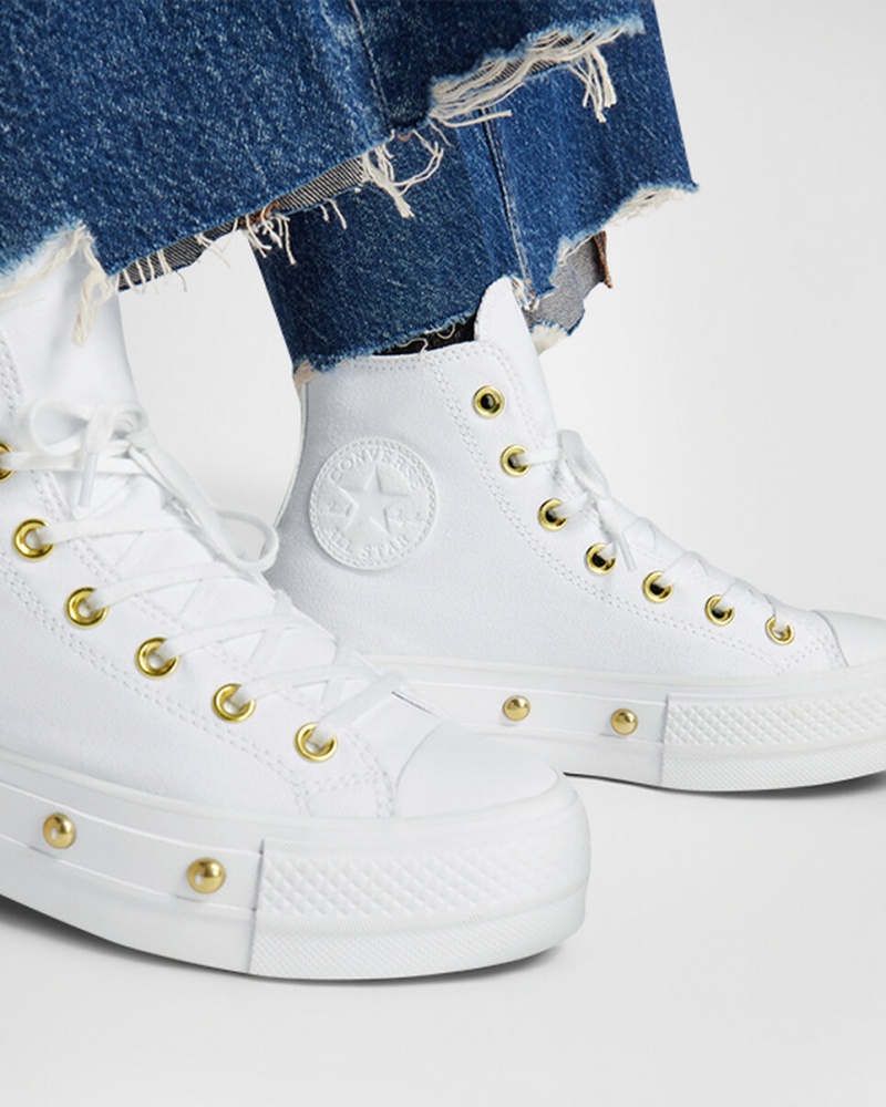 Converse Chuck Taylor All Star Lift Plataforma Star Studded Blancas Blancas Doradas | 954-ERWKMB