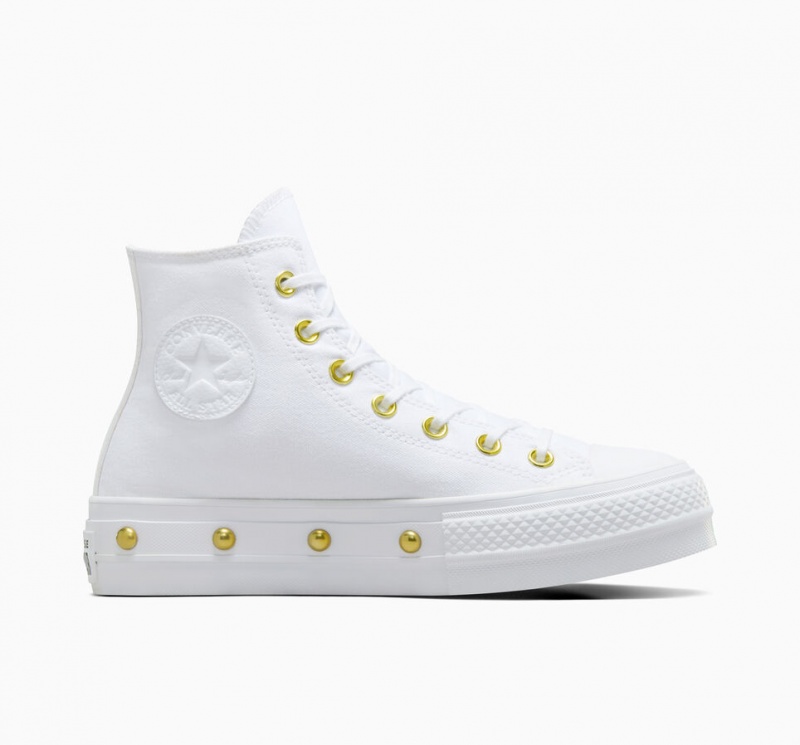 Converse Chuck Taylor All Star Lift Plataforma Star Studded Blancas Blancas Doradas | 954-ERWKMB