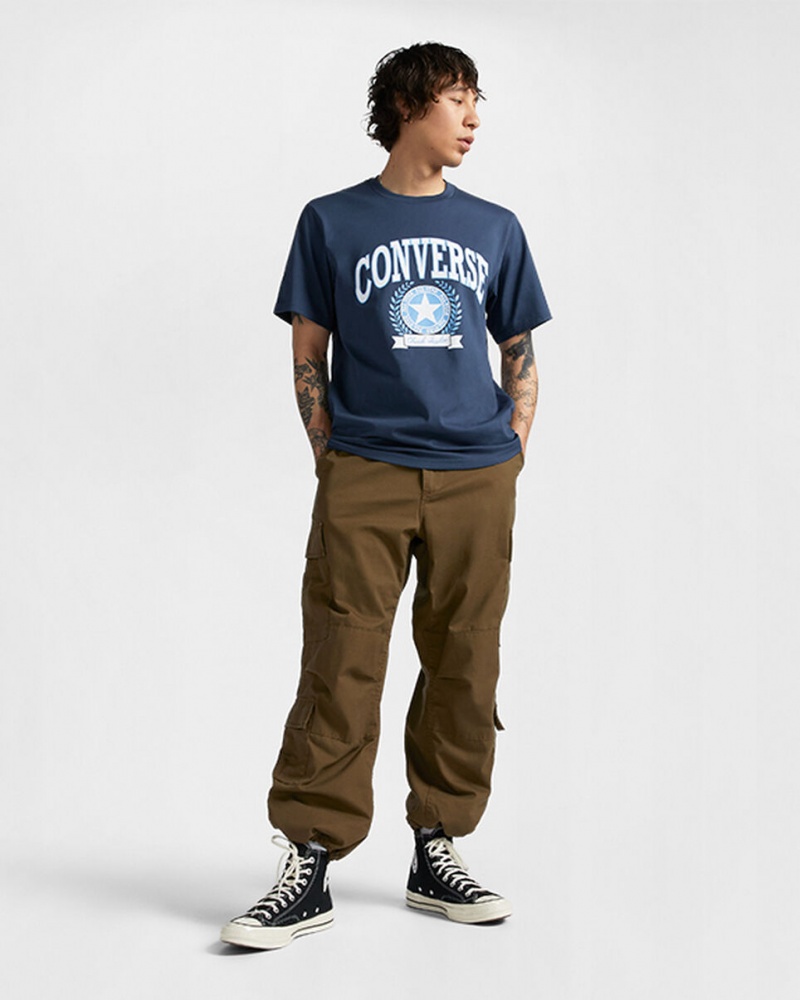 Converse Retro Collegiate Estampadas T-Shirt Azul Marino | 569-OKCANY