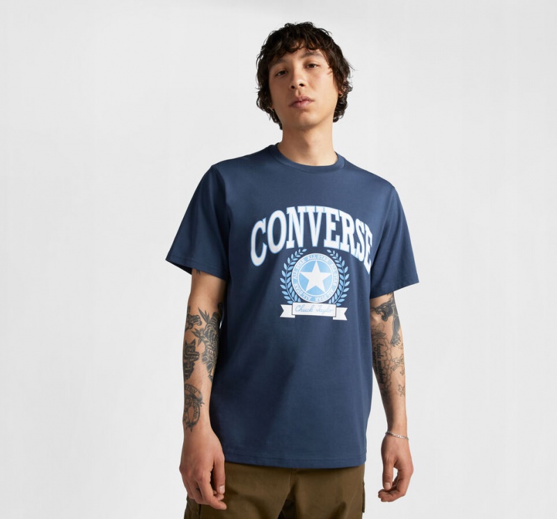 Converse Retro Collegiate Estampadas T-Shirt Azul Marino | 569-OKCANY