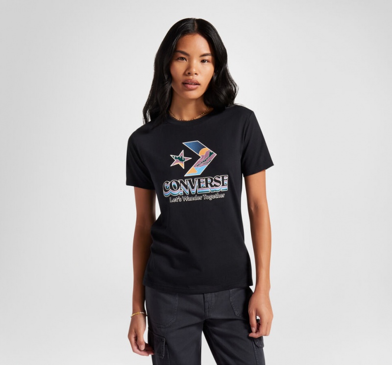 Converse Star Chevron Mountain Estampadas T-Shirt Negras | 284-DJKHCV